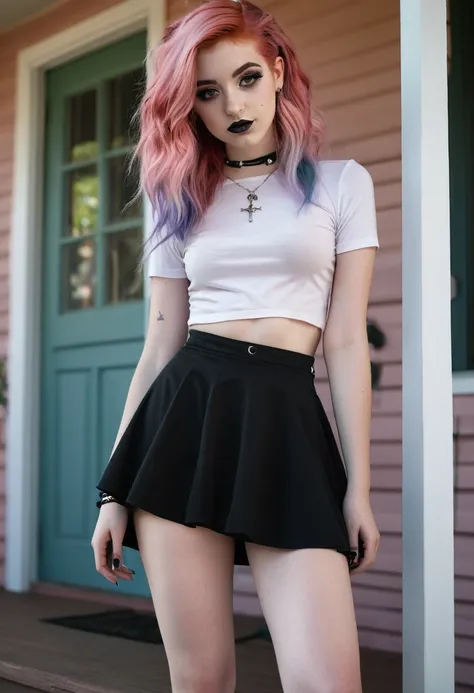 Front porch of suburban house, pastel goth, sexy goth girl, photo of cute 20 year old Italian redhead women, bare foot, short skirt, standing, full body picture, no lipstick, no tattoos, cinematic shot, hard shadows, photorealistic, cute face, looking at t...