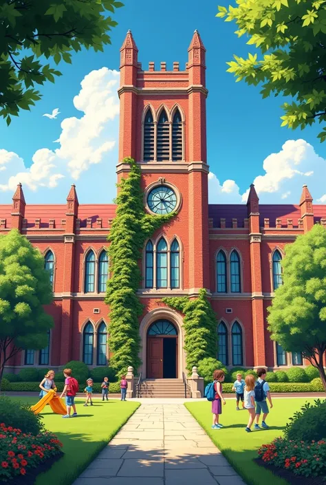 The brick school is tall and spacious