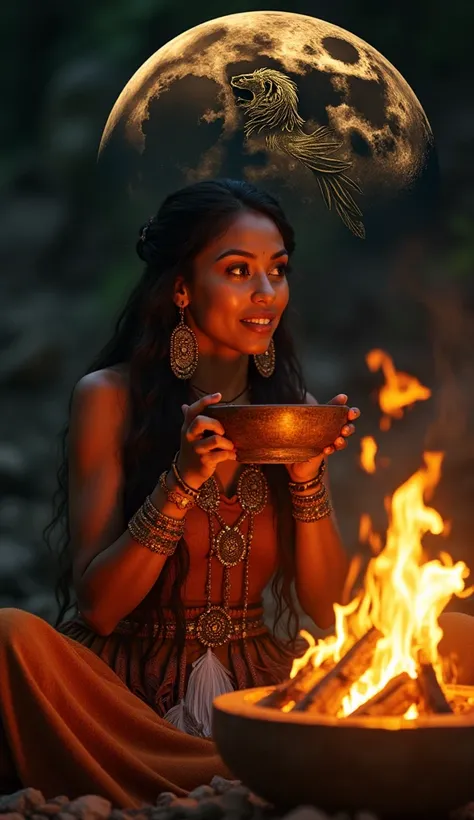 an aztec woman drinking a bowl of cocoa from a ritual with a bonfire going on in the background. Her heart expands with love and oxytocin, feature of love and intense joy, ecstasy for life. convey depth. In the sky a black full moon with a majestic golden ...