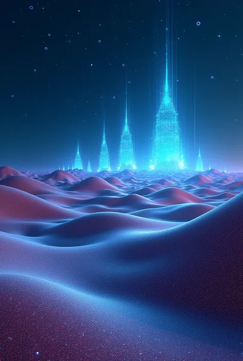 A Cyber Desert: A vast desert where the sand is made of tiny glowing particles that shift and change color. The dunes are formed by data waves, and the horizon is lined with glowing data towers that stand like sentinels. The sky above is a deep blue, fille...