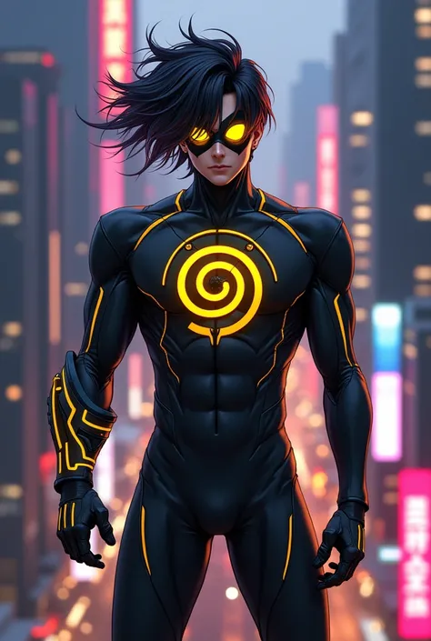 Make me a superhero whose suit is black, with a spiral emblem, on his chest, with yellow details and has a high-tech device on his left forearm, that he wears a mask and is in anime version , that her suit looks futuristic and her hair is visible