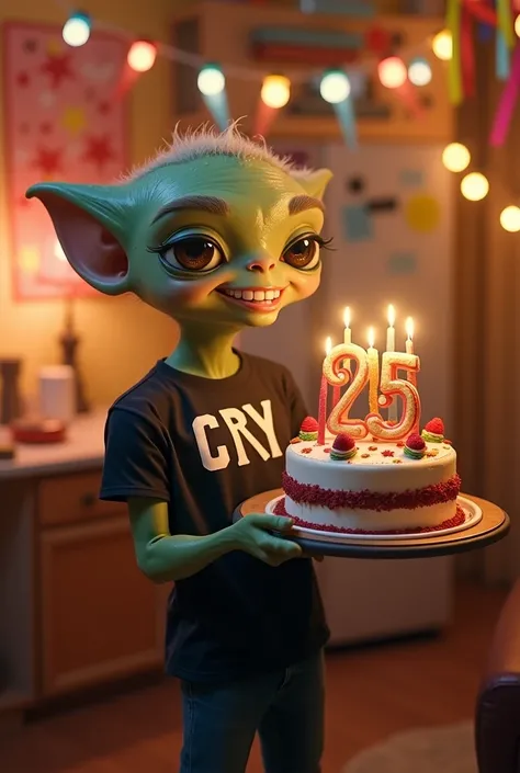 male alien with cute face, dressed in a black t-shirt with the name Cry on it and carrying a 25th birthday cake with realistic and intricate details , warm colors