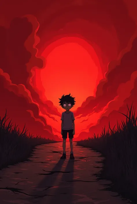 Create a drawing with a reddish background, cloudy with blood red clouds, with a scared boy alone, and an empty track. I have a cartoon style like an ANIME black clover