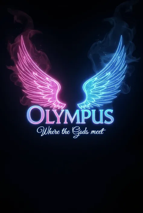 Two small wings in vibrant neon colors with the word "Olympus" in Spanish and the slogan "Where the Gods meet" black background with flowing smoke