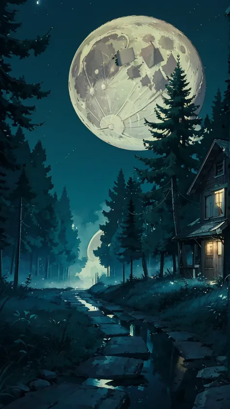 (dark dirt road), (on the sides abandoned houses without light and destroyed), (full moon at the top), (at night) (fog), trees, town (in the middle of the forest).