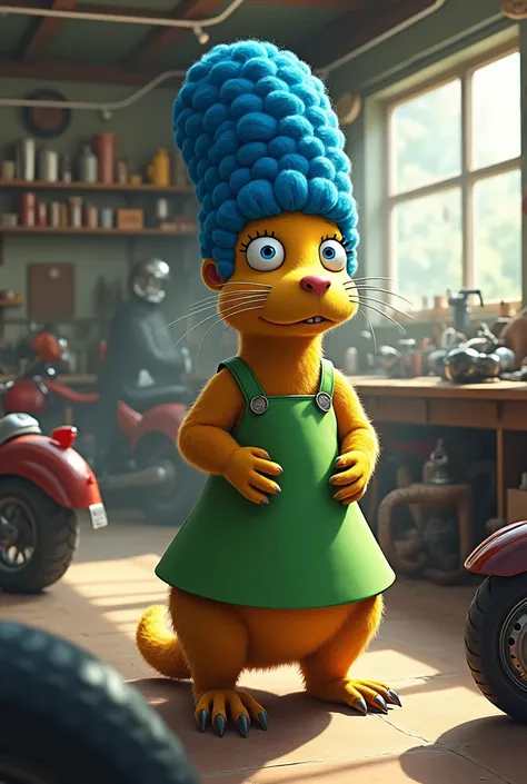 Capybara dressed as Margie Simpson in a motorcycle workshop