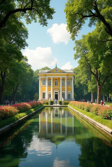 Park with a three-storey yellow neoclassical palace with a white cornice and white columns 
