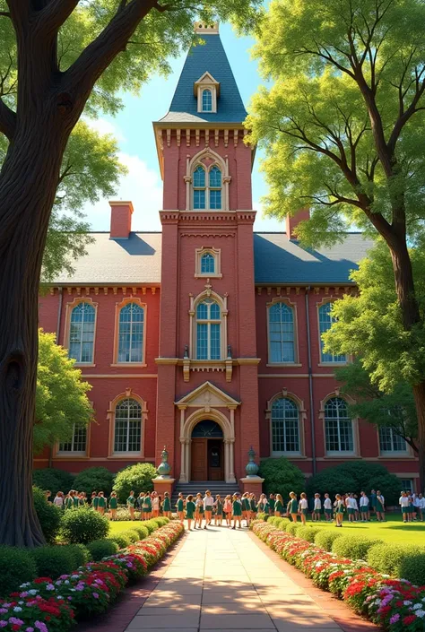 The brick school is tall and spacious. The students are high school students wearing green uniforms.