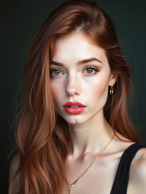 a woman with red hair, hyper-realistic skin, shiny/glossy, modern jewelry, gongbi, portraiture, dark teal and light gold, tropical landscapes, Face portrait photo oF a 21 Year-old German woman, .raw, beautiFul woman, half strawberry lips, strawberry lipsti...