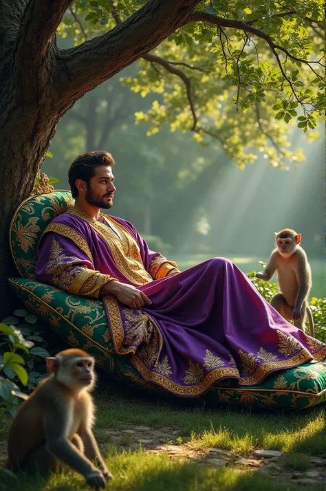 King Resting Under a Tree: The king lying down peacefully on a soft, embroidered cushion under a large, shady tree in the palace garden. The monkey is sitting nearby, alert and watchful, as the king rests.