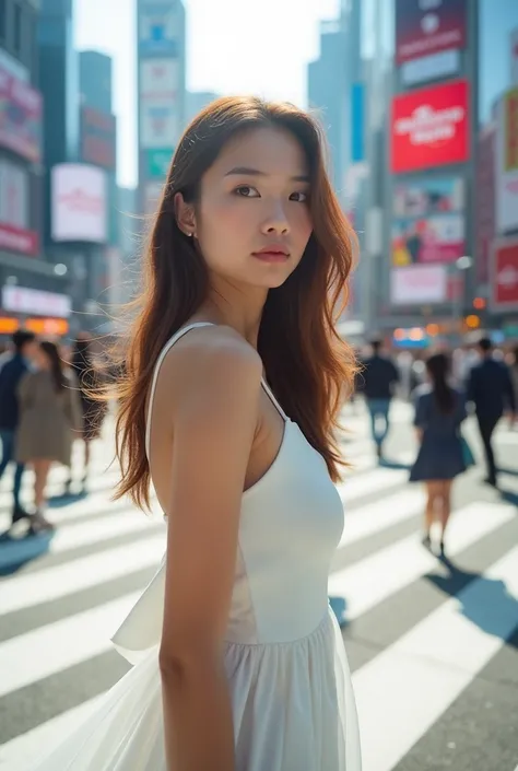 Low angle shot with Shibuya Scramble Crossing in the background,Blur the background,Your hair is beautiful,Looking this way,Bright photo,Japanese women,The hair is slightly brown,The eyes are double,Dressed in a white dress,Photorealistic,32mm camera