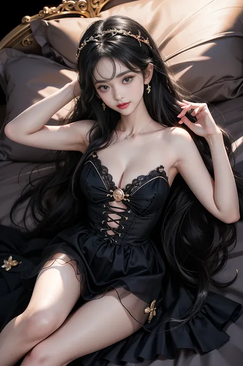 black_little_dress（(Girl lying in bed))、A beautiful and moving woman, in an elegant pose, her full breasts on display.，Visible cleavage，Sexy long legs，Variety of slim and cute beauties, Her long hair cascades down her shoulders like a waterfall。She smiles ...