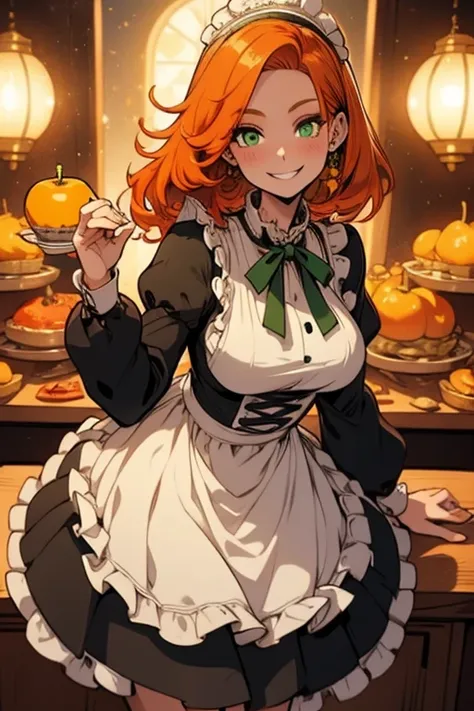 Perfect face. Perfect hands. An orange haired woman with green eyes and an hourglass figure in a Lolita maid dress is smiling while setting a table in a fancy maid cafe