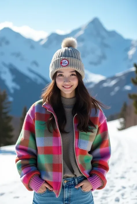 Beautiful Korean woman with clean white skin, wearing a beanie hat, wearing a green pink red checkered shirt, mamaskygibs logo, blue jeans, snow mountain background, original photo