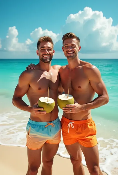 Two young cute handsome slim tall white men together on the beach with swimsuit and coconut in their hand