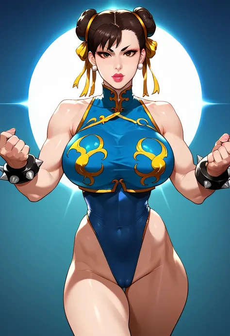 chun-li, 1girl, highly detailed portrait, large breasts, exposed cleavage, leotard, street fighter, beautiful detailed eyes, beautiful detailed lips, extremely detailed face, longeyelashes, intricate details, masterpiece, photorealistic, studio lighting, h...