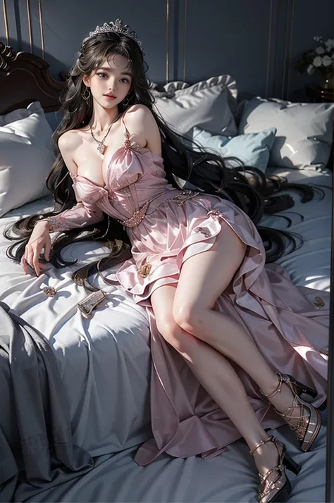 cyb dress, jewelry, necklace, high heels（(Girl lying in bed))、A beautiful and moving woman, in an elegant pose, her full breasts on display.，Visible cleavage，Sexy long legs，Variety of slim and cute beauties, Her long hair cascades down her shoulders like a...