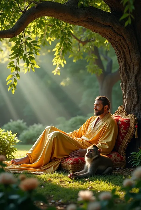 King Resting Under a Tree: The king lying down peacefully on a soft, embroidered cushion under a large, shady tree in the palace garden. The monkey is sitting nearby, alert and watchful, as the king rests.