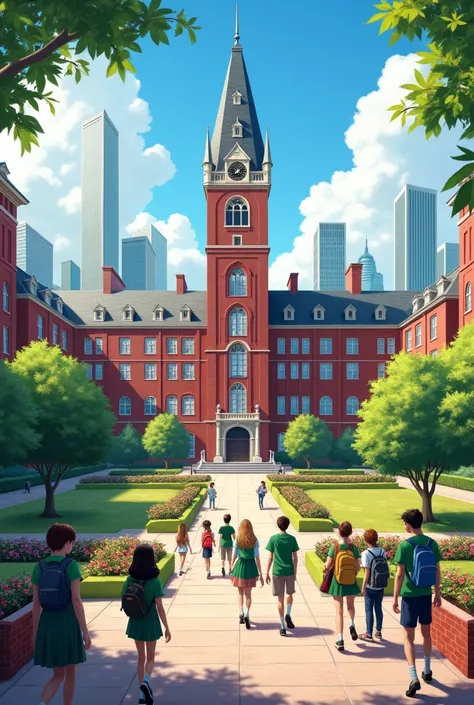 The brick school is tall and spacious, the students wear green uniforms, it&#39;s a high school student in the city