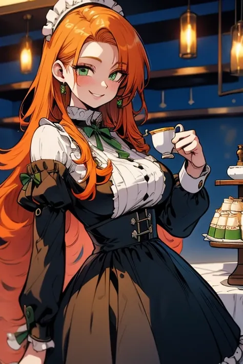 Perfect face. Perfect hands. An orange haired woman with green eyes and an hourglass figure in a Lolita maid dress is smiling while serving tea in a fancy maid cafe