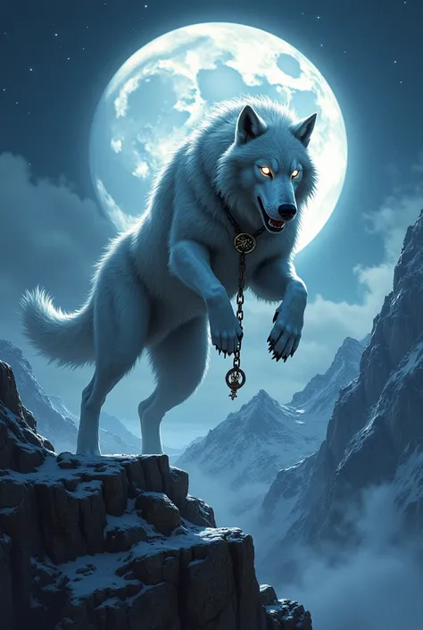 Fenrir, the great Norse wolf with glowing eyes, leaping from a mountain in the moonlight, with chains around his neck and white fur