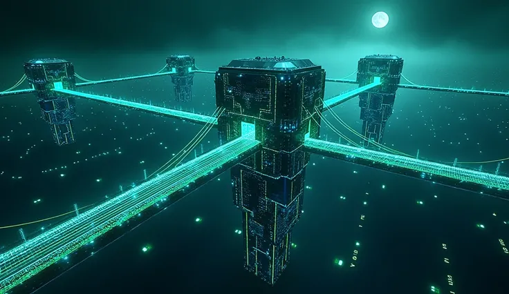 
A Floating Data Fortress: A massive fortress suspended in a digital void, surrounded by a network of glowing data streams. The fortress is a geometric marvel, with sleek walls covered in blue and green circuits. Neon light bridges connect it to distant ou...