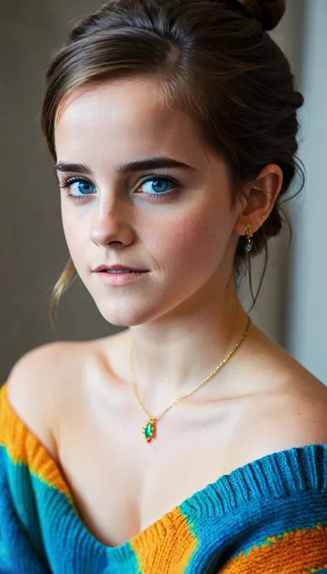 an eye contact of a brunette with hair in a bun, blue colored eyes, ((Emma watson)) 18 years old, flirting with the camera, necklase, Off The Shoulder, colorful sweater, topless