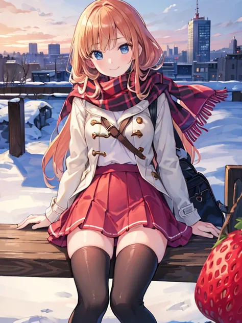 (Highest quality), (masterpiece), (Ultra-high resolution), whole body, One Teenage Woman, A big smile, Strawberry Blonde, long, mini skirt, Knee-high socks, Duffle coat , Winter scarf, City, winter, ((It&#39;s snowing)), (illumination), ((Night view))