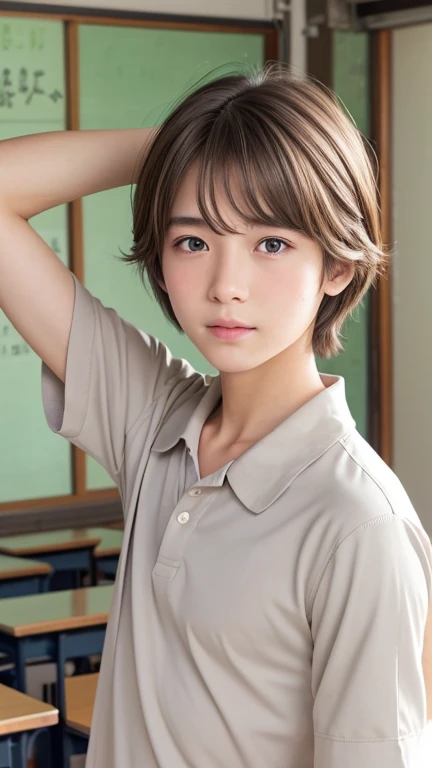 Highest quality、Realistic、、Japanese、zoom、man、neutral、Middle school students、cute、classroom、Grey Eyes、Light brown hair、short hair、White short-sleeved open-collar shirt、Grey slacks、thin、Cowboy Shot