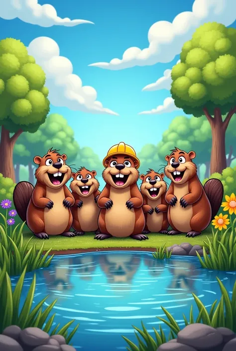 Draw a group of beavers stopping work in cartoon style like drawing  
