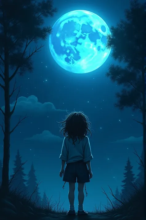 Badly dressed disheveled girl looking at a blue moon