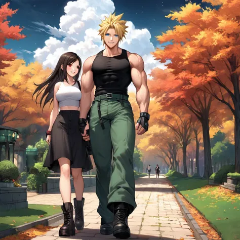 A man and a woman walking through the park at night, standing, autumn trees in place, (Man, Cloud_Strife, Final_fantasy_VII, wearing a casual black sleeveless shirt, muscular, blonde hair spiked, blue eyes, smiling, moss green pants , perfect face, perfect...