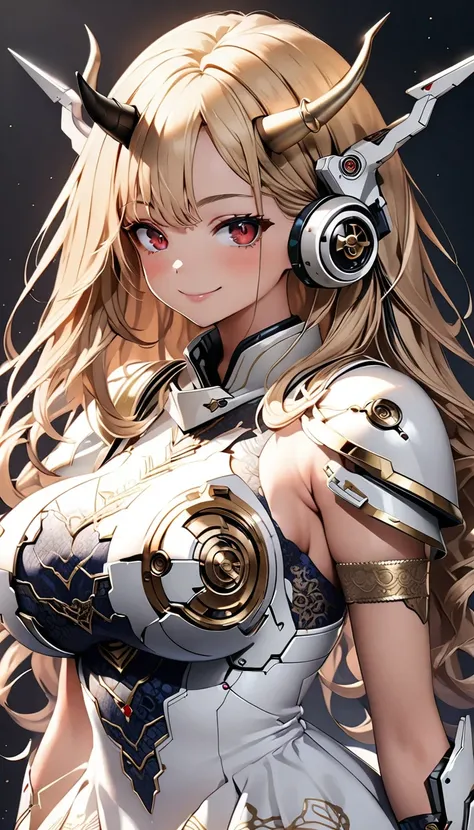 masterpiece, Highest quality, Very detailed, High resolution, Japanese anime,One person, Blonde, (Medium length hair:1.5), Wavy Hair, dragon wings, (Red eyes:1.5), (Beautiful attention to detail:1.4), smile, , Height: 130cm, (Huge breasts:1.1), (Mechanical...