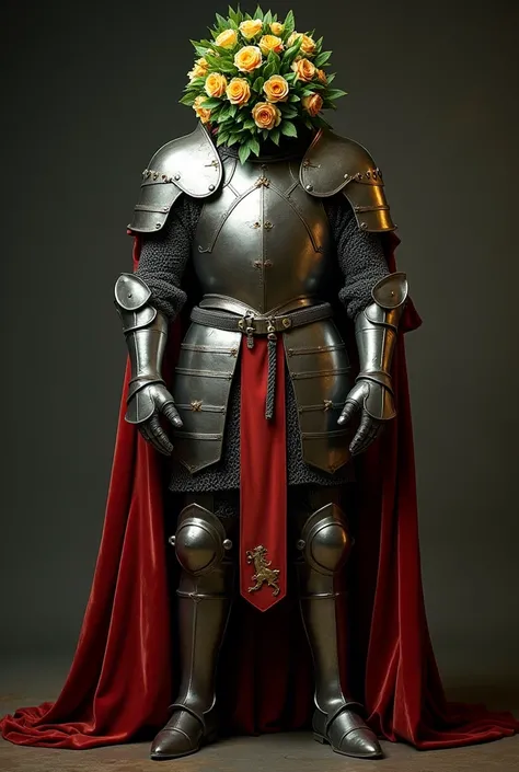 (photorealism:1.2), Even a very robust man using a, An elegant large medieval knight costume with a polished steel helm and helmet . The chainmail covers the torso, and over it he wears a steel plate armor with details. The armor includes large shoulder pa...