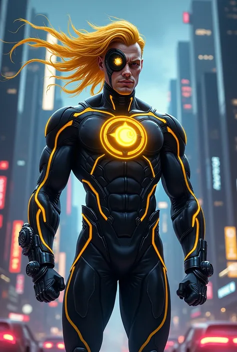 Make me a superhero whose suit is black, with a spiral emblem, on his chest, with yellow details and has a high-tech device on his left forearm, that he has a rearview mirror in his eyes like a cyclops and in an anime version , that her suit looks futurist...