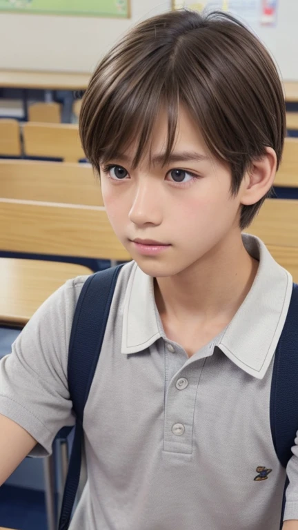 Highest quality、Realistic、、Japanese、zoom、man、Middle school students、beautiful、classroom、Grey Eyes、Light brown hair、short hair、White short-sleeved open-collar shirt、Grey slacks、thin、Cowboy Shot