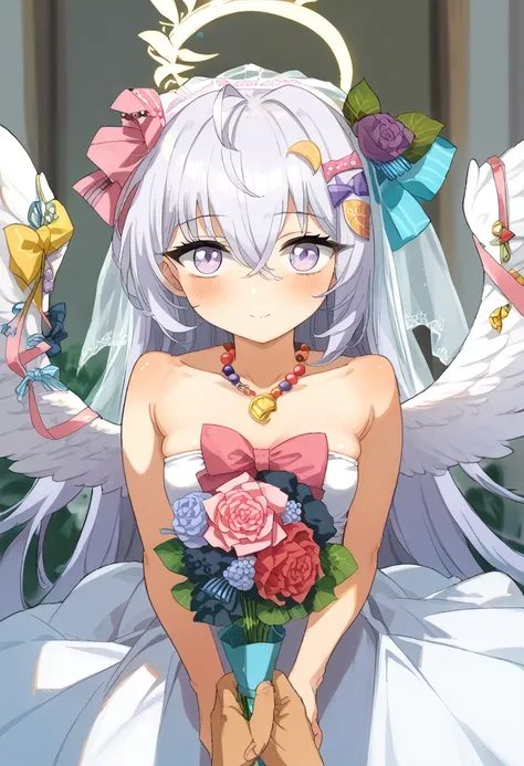 azusa (blue archive),1girl 1other alternate_costume angel_wings bare_shoulders blush bouquet breasts bridal_veil bride cleavage closed_mouth collarbone dress feathered_wings flower hair_between_eyes halo holding holding_bouquet jewelry long_hair looking_at...