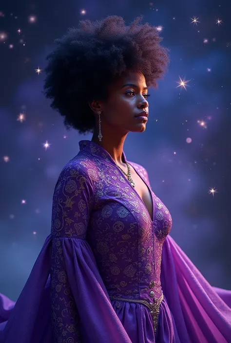 African woman. Astral magic. Floating runes. Royal garment. Wearin purple