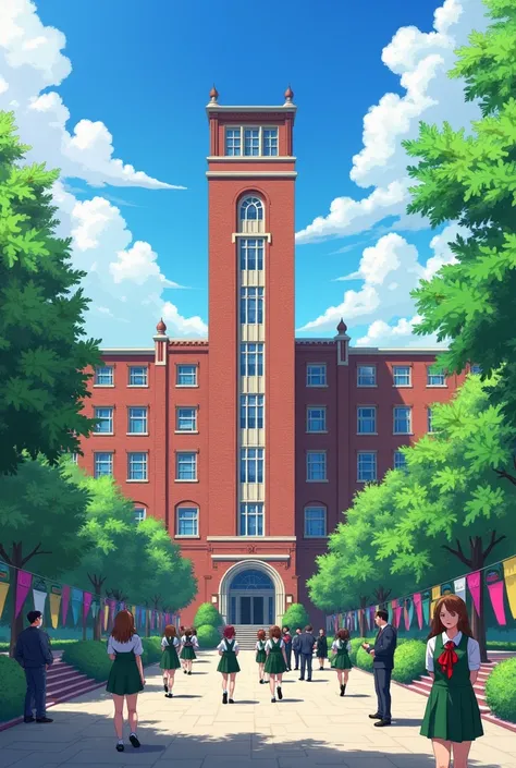 The brick school is tall and spacious. The students wear green uniforms. They are high school students. The uniforms in the city are green with red ribbons.