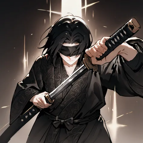 ((masterpiece)), ((best quality)), ((half-body)), 1man, solo, long black hair, blindfold, black ornate robe, unsheathing katana,...