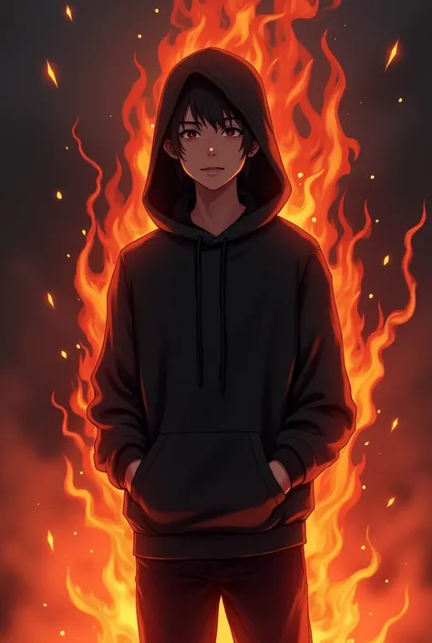 1 boy, Black Hoodie,The whole body radiates， Black pants, Gazing at Satan, Hellfire in the Background 