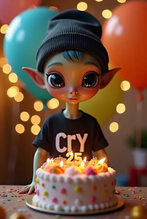 male alien with cute face, dressed in a black beanie and a black t-shirt with the name Cry on it and holding a 25th birthday cake with realistic and intricate details