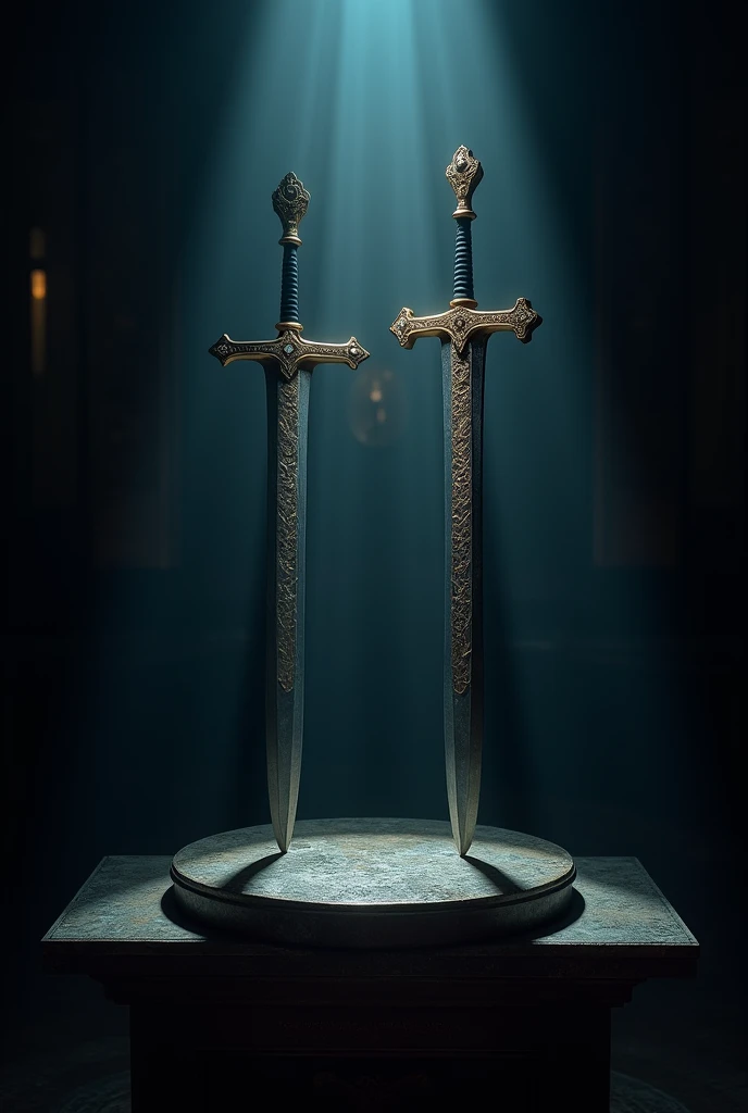 Inside a place there is an altar where everything around it was dark but where the swords were resting it was as light as day., where three swords of different appearances were placed, partially thin and with Christian blades were long, having about 1,80 e...