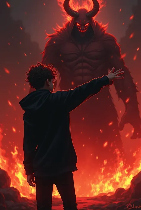 1 boy, Black Hoodie,Punch Satan，， Black pants, Gazing at Satan, Hellfire in the Background 