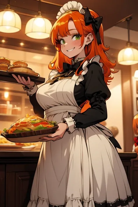 Perfect face. Perfect hands. An orange haired woman with green eyes and an hourglass figure in a Lolita maid dress is smiling while serving dinner in a fancy maid cafe