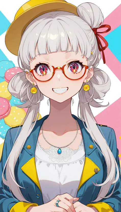 One girl, alone, Long Hair, View your viewers, smile, bangs, ((Blue Jacket)), Red pastel skirt、Red eyes,White hair in the eye、Beautiful eyes that shine、((yellow boater hat with red ribbon))、White Jewelry, Sitting, Jacket, Upper Body, Silver Hair、 earrings,...