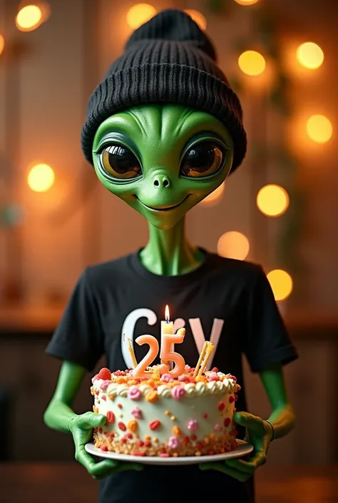 green male alien with cute face, dressed in a black beanie and a black t-shirt with the name Cry on it and holding a 25th birthday cake with realistic and intricate details