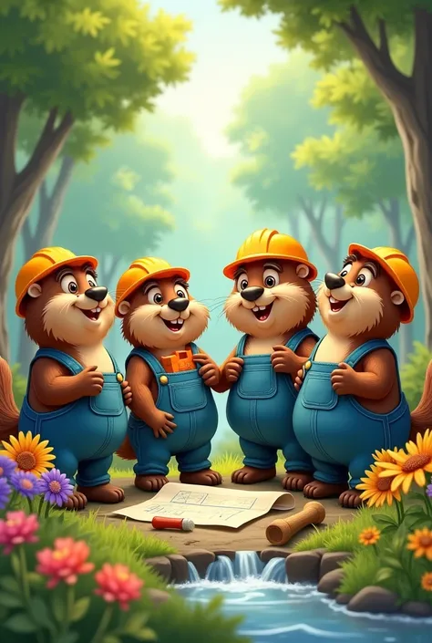 Draw a group of beavers leaving aside the construction tools with cartoon style as drawing  
