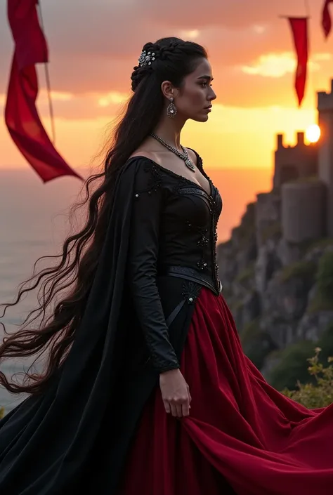 Targaryen princess in stunning black and red dress 
