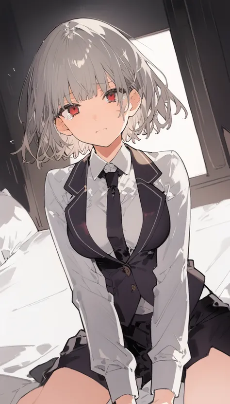 score_9, score_8_up, score_7_up, source_anime, 1girl, red eyes, room, wariza, short haircut, ponytail, grey hair, cry face, teary eyes, portrait, blazer, starshadowmagician, solo, Adult woman, best perfect anatomy, thin, curvy body, medium breasts, curvy b...